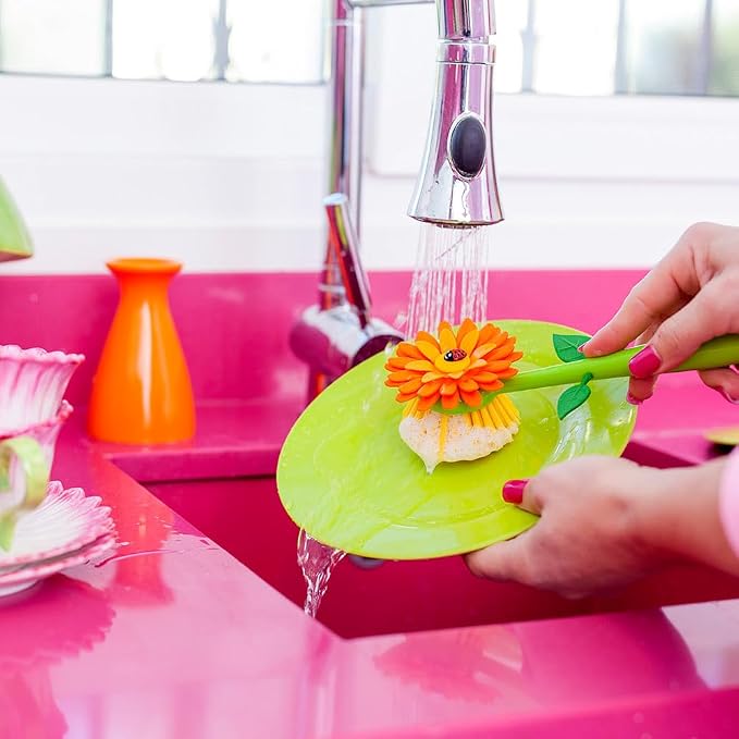 Vigar Flower Power Dish Brush with Handle and Vase Holder - Dish Scrub Brush for Dishes, Kitchen Scrub Brush, Dish Brush with Handle, Sink Cleaning Brush, Pot Scrubber, Dishwashing Brush - Orange