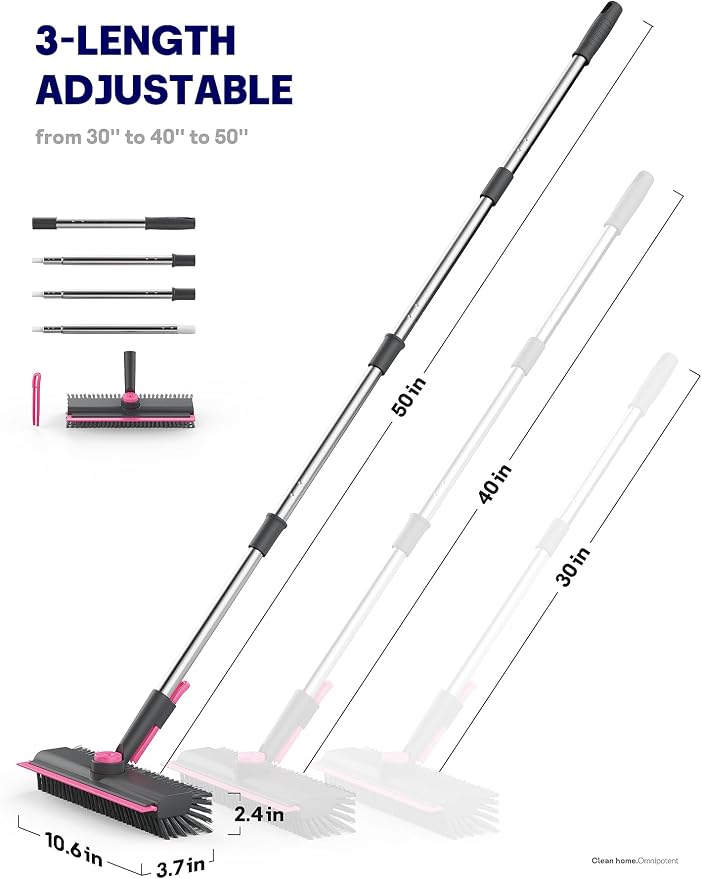 3 in 1 Floor Scrub Brush with Long Handle, Deck Brush with Squeegee | Stiff Dual-side Bristle, 360° Swivel Head with Tweezer, for Tile Wall Deck Bathroom Patio Garage Pool Kitchen (Pink and Gray)