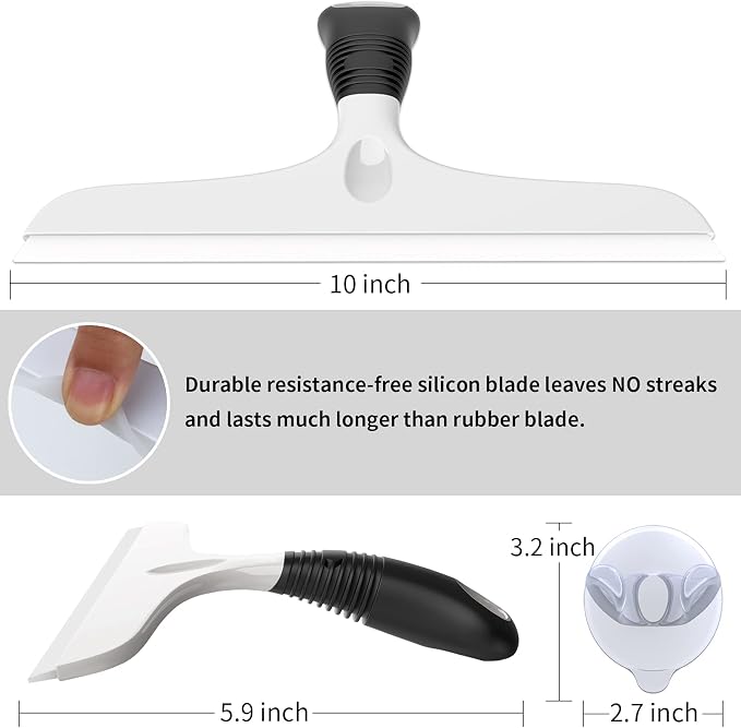 MR.SIGA Silicone Squeegee for Shower Doors, 25 cm/10 inch, White & Black | Shower squeegee for glass doors, streak free squeegee for windows, showers and glass surfaces, includes suction hook