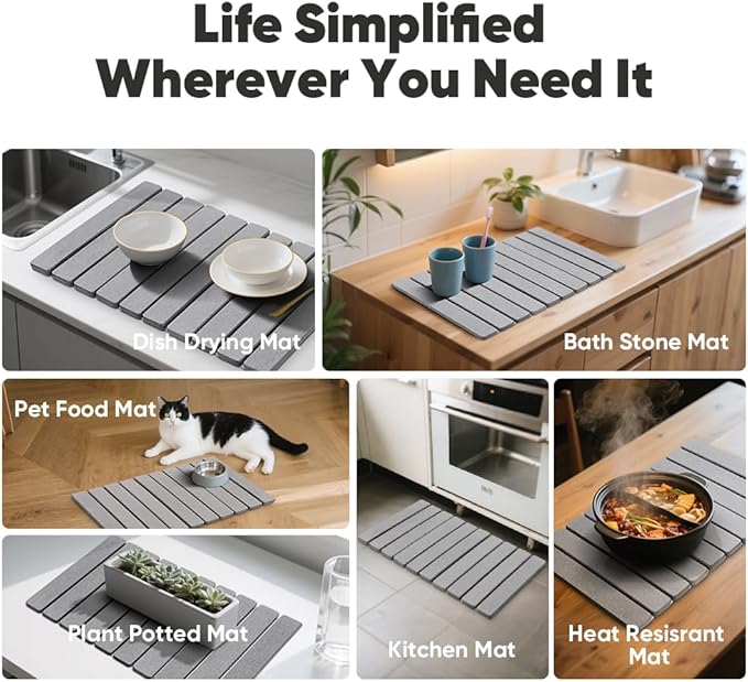 Stone Drying Mat for Kitchen Counter, Quick Diatomaceous Earth Mats for Dishes, 24"L x 16" W Super Absorbent Fast-Drying Collapsible Countertop Stone Mat (Light Grey, 24" x 16")