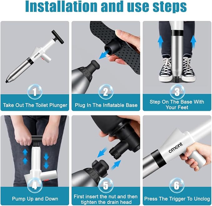 Toilet Plunger Drain Clog Remover: High Pressure Air Drainage Blaster Clog Remover Tool- Stainless Steel White Air Plunger for Bathroom, Sink, Floor, Kitchen Clogged