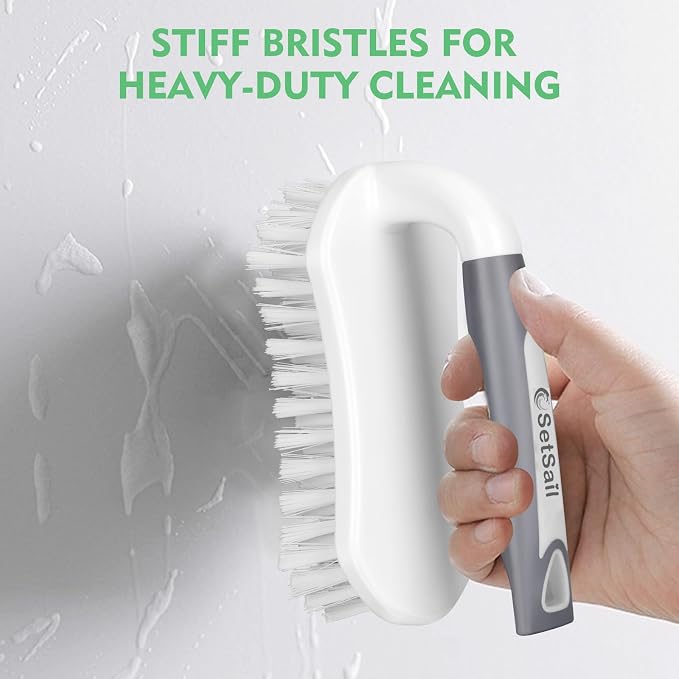 SetSail Scrub Brush, Heavy-Duty Stiff Bristle Cleaning Scrubber, 4 Pack | Durable Bristles Ergonomic Non-Slip Tpr Grip. U-Style Hanging Loop for Storage. Use for Shower, Tub, Tile, Kitchen, Carpet.