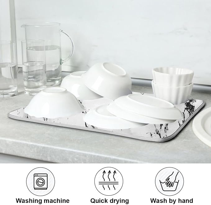 Super Absorbent Dish Drying Mat, Microfiber Fast-Drying Dish Mat, 16" x 18", Kitchen Dish Drying Pad, White Marble