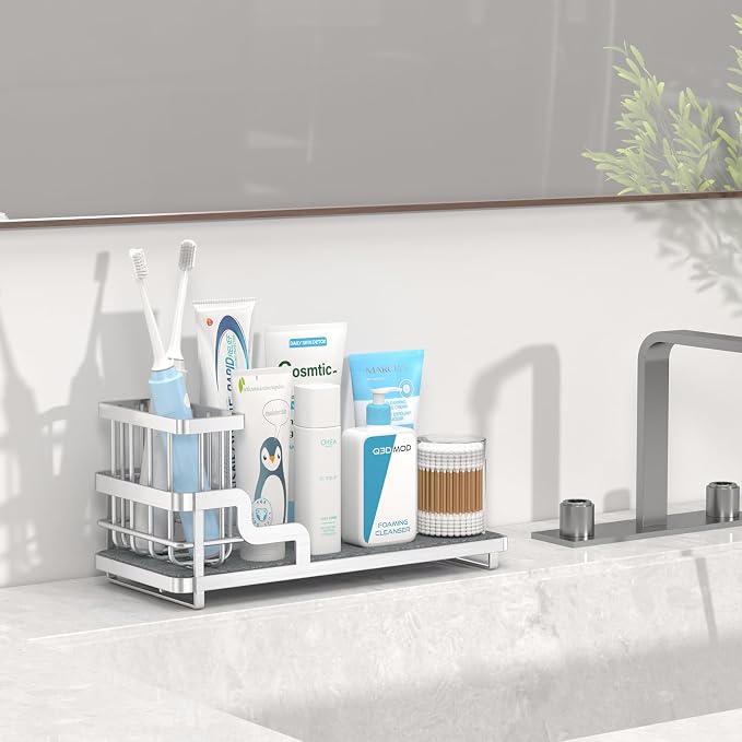 Consumest Sponge Holder for Kitchen Sink - Sink Caddy Organizer with Water Absorbing Stone Tray, Detachable Brush Holder, Stainless Steel Kitchen Counter Organizer Rack, Silver