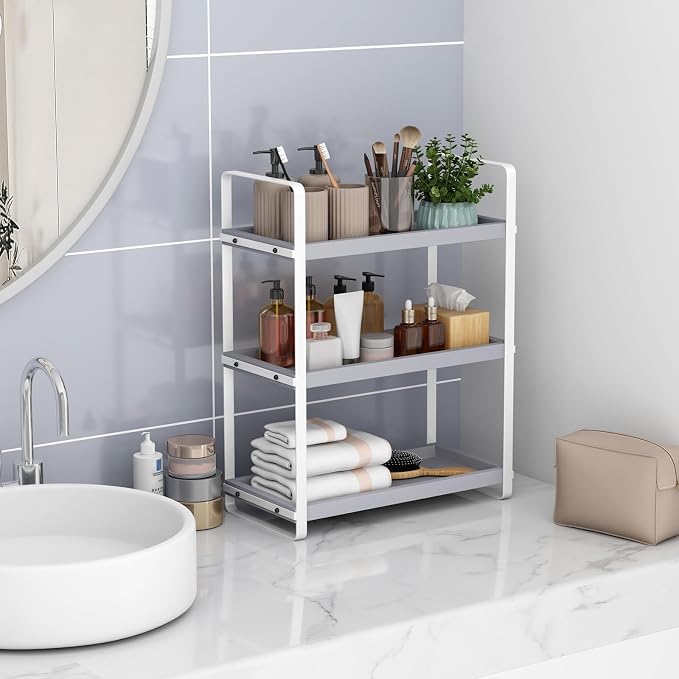 HNRLOY Bathroom Counter Organizer,Bathroom Countertop Organizer,Counter Shelf,Countertop Storage,Organization and Storage,Makeup Shelf,Sink Caddy(Grey 3 Tier)