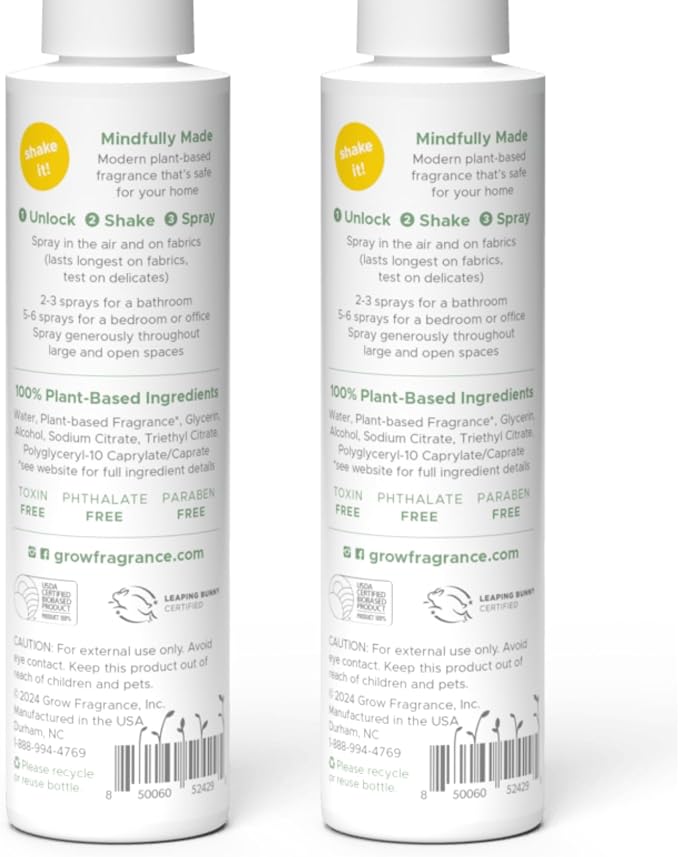 Grow Fragrance Certified Non Toxic, 100% Plant Based Fabric and Room Air Freshener Spray. Made with All Natural Essential Oils (Cucumber Aloe 2 Pack) 2 x 5oz