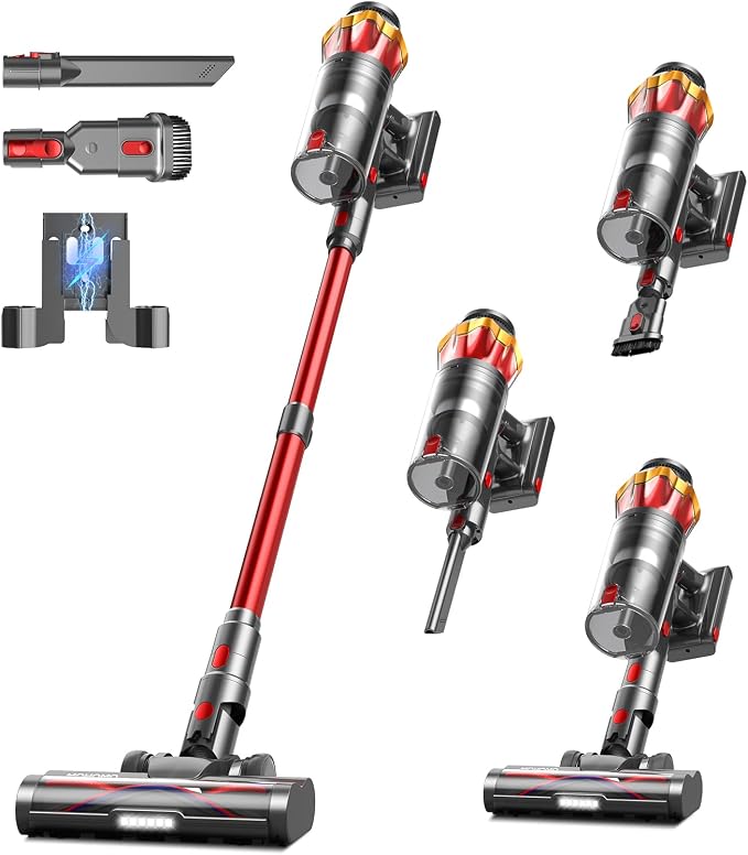 Cordless Vacuum Cleaner, 650W/55KPa 70Mins Vacuum Cleaners for Home, Self-Standing Stick Vacuum with Anti-Tangle Brush & OLED Touch Screen, Vacuum Cleaner for Hardwood Floors,Carpet,Pet Hair,Car (Red)