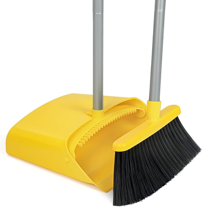Stand Up Dustpan and Broom Set 50” Long Handle Broom with Dust Pan, with Self Cleaning Combe for Ergonomic Home Office Classroom Indoor Sweeping