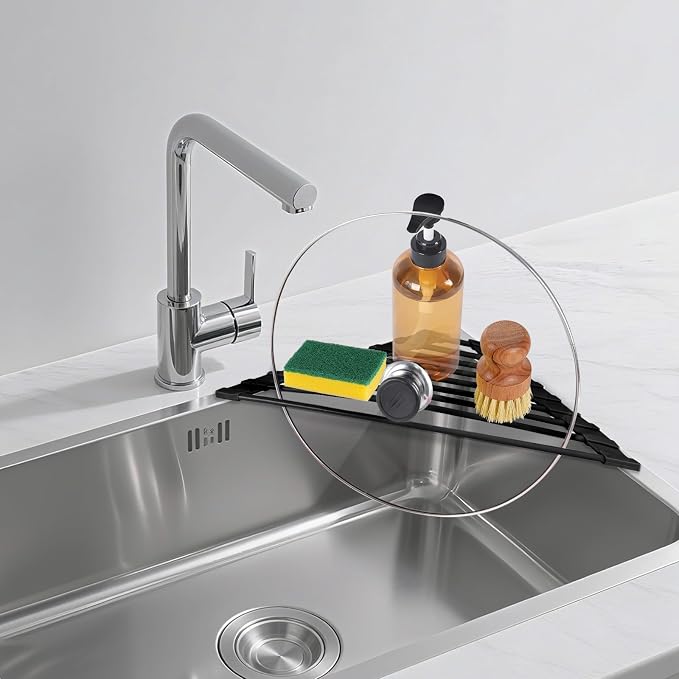 HANZENMA Triangular Sink Rack, Multi-Functional Rack Above the countertop, Foldable Sink Drying mat, Heat-Resistant, Non-Slip, and Rust-Proof Dish Rack (Black)