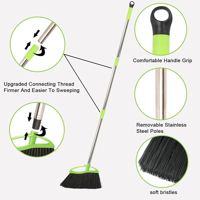 3 Packs Indoor Brooms Green Angle Broom Soft Bristles Long Handle for Hardwood Floor Sweeping
