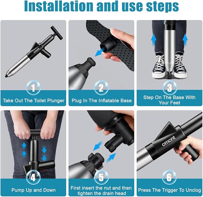 Toilet Plunger Drain Clog Remover: High Pressure Air Drainage Blaster Clog Remover Tool with Gloves- Stainless Steel Black Air Plunger for Bathroom, Sink, Floor, Kitchen Clogged