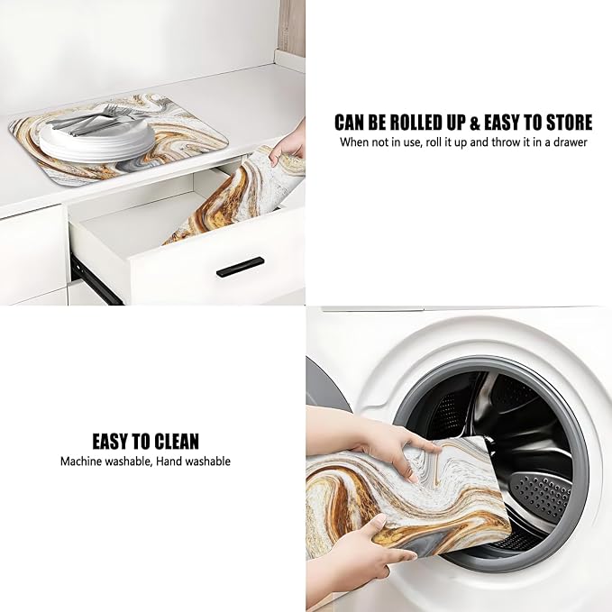Dish Drying Mat 2-Pack in Marble Swirl for Kitchen Counter Dishes Mat | Diatom Mud Mats (18x24, 19.5x12"). Non-slip rubber back for kitchen counter, coffee bar & sink scenes