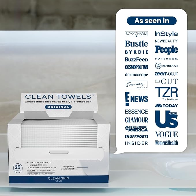 Clean Skin Club Clean Towels®, 100% USDA Biobased Face Towel, Disposable Face Towelette, Eczema Association Accepted, Makeup Remover Dry Wipes, Ultra Soft, 1 Pack, 25 Ct