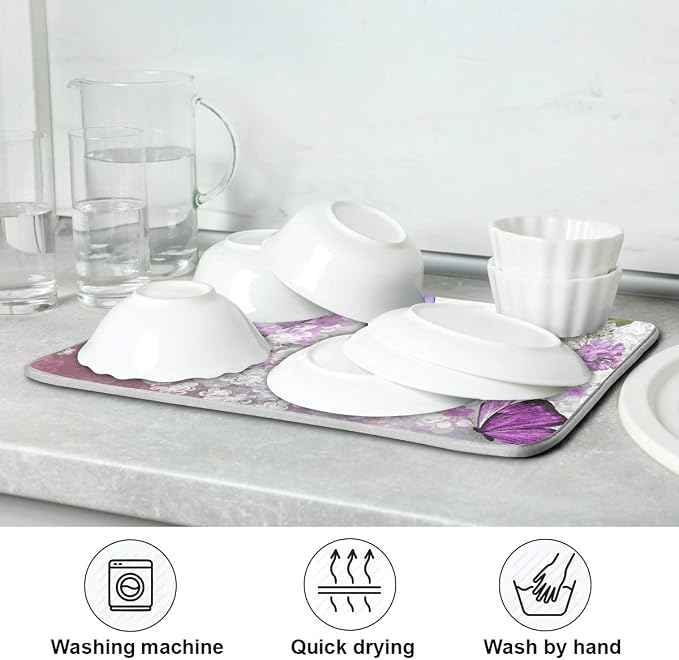 Butterflies Flowers Purple Dish Drying Mat for Kitchen, Absorbent Microfiber Drying Pad Dish Mat, 24" X 18"