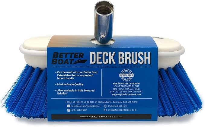 Medium Boat Deck Brush, Heavy-Duty Marine Brush Head, 8" Bristle with Bumper, 3/4" Thread Handle, for RV, Truck, and Auto Cleaning