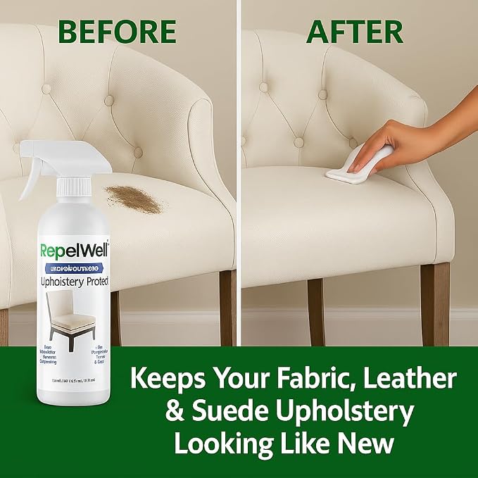 RepelWell Non Toxic Fabric Protector Spray for Upholstery & Furniture,12 oz | Helps repel water, coffee, wine, food, dirt and everyday spills from upholstery.