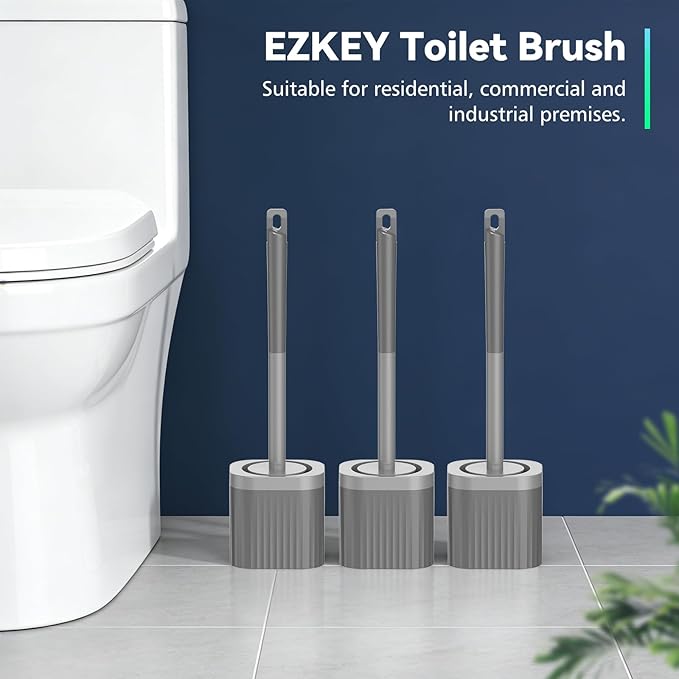 Toilet Bowl Brush and Holder, 3 Pack Compact Toilet Brush Set with Nylon Bristles Toilet Brush Hidden Scrubber Brushes for Bathroom Cleaning-Grey