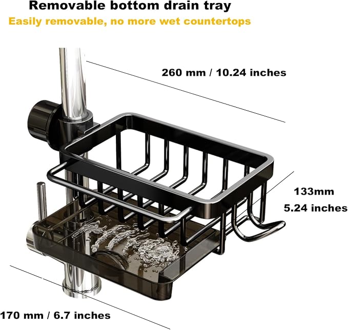 Sink Organizer Rack for Kitchen and Bathroom, 2025 New Stainless Steel Detachable Hanging Faucet Drain Rack with Drip Tray Faucet Sponge Holder for Bathroom (Black, Right)