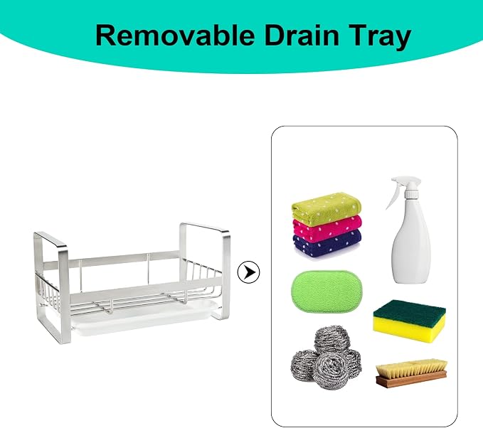 TEZZ Sponge Holder for Kitchen Sink, Stainless Steel Kitchen Storage Sink Caddy for Organizing Sponge, Brush & Dish Soap Dispenser, Sink Organizer Rack with Adhesive or Counter top, Silver