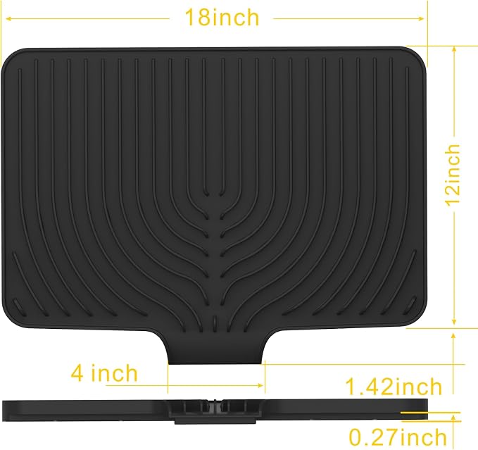 Silicone Dish Drying Mat for Kitchen Counter , Dish Drying Rack Matt with Built in Drain, 18 Inch dish Dry Mats for Kitchen Counter,Bumps up sinks Applicable (18×12inch Extra Raised, black)