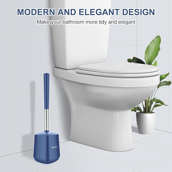SetSail Toilet Brush and Holder 3 Pack, Self Closing Lid Toilet Bowl Brushes Holder Extra Long Handle Ventilated Toilet Brush Set for Bathroom Cleaning, Nylon Bristles, Dark & Blue