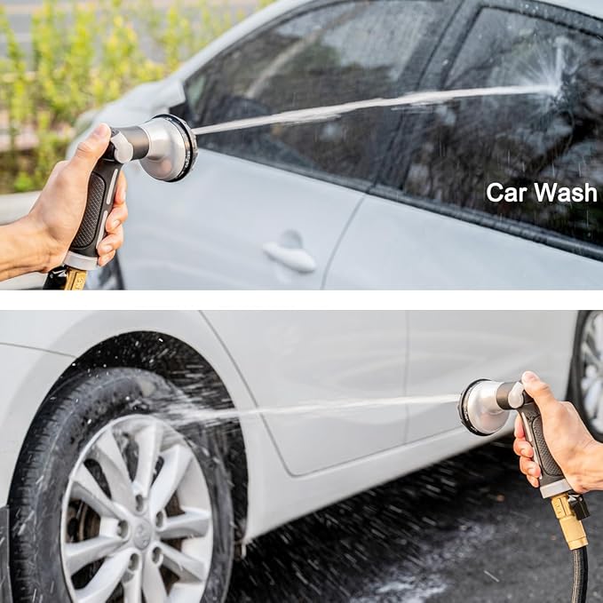 FANHAO Heavy Duty Garden Hose Nozzle, Metal Hose Sprayer Easy Thumb Control | 8 Spray Patterns, Rustproof Water Nozzle, Non-Slip Ergonomic Grip, Elder & Child Friendly for Garden, Car & Pet, Light Grey