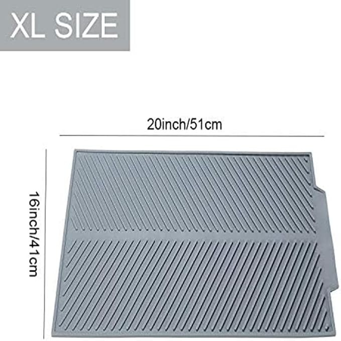 Silicone Dish Draining Mat, Eco Friendly Dish Drying Mat Kitchen Counter Anti-Skid and Heat Insulation Pad, Sink Drainer Mat with Dense Drainage Grooves (L (20"×16"))