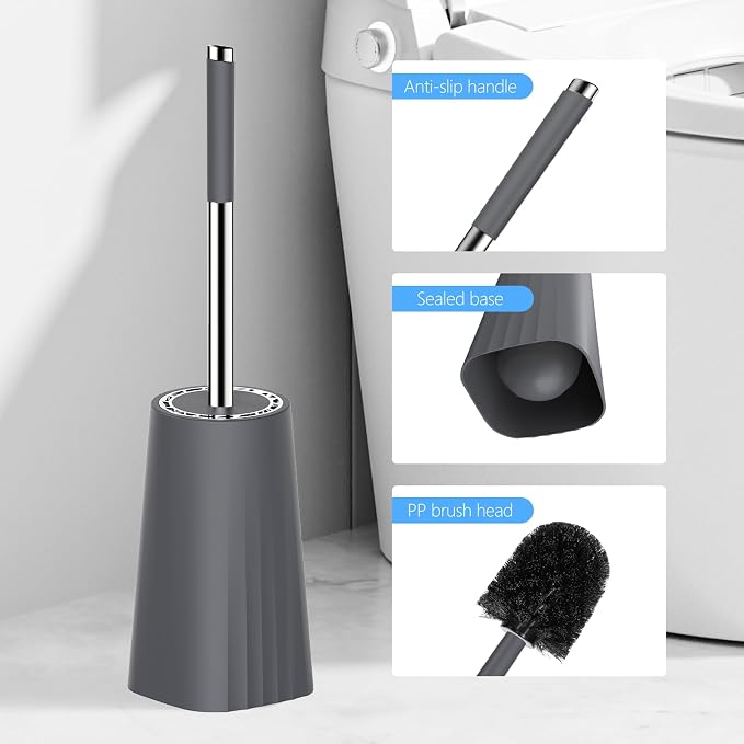 SetSail Toilet Brush, Compact Size Toilet Bowl Brush and Holder Toilet Brushes for Bathroom with Stainless Steel Handle Toilet Cleaner Brush with Durable Scrubbing Bristles, 2 Packs-Grey