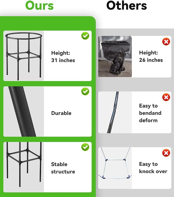 Garden Trash Bag Holder, 30-55 Gallon Outdoor Leaf Bag Holder, L | Lawn Yard Waste Bag Stand Metal Frame Holders with Adjustable Feet, Detachable Legs for Leaves, Yard Waste, Camping (L)