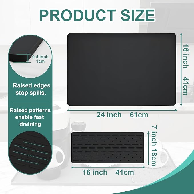 Silicone Coffee Mat, 24"X16" Heat-Resistant,Eco-friendly,Hygienic Drying Pad,Leak-Proof and Non-Slip,Removable Silicone Mat with Concave and Convex Design,(Black 24X16)