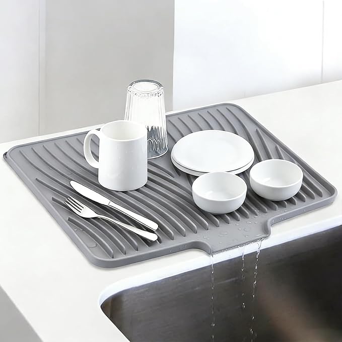 Silicone Drying Mat, 16"X13" With Built-in Drain Lip,Heat-Resistant,Eco-friendly,Hygienic Drying Pad,Leak-Proof and Non-Slip,Silicone Dish Drying Mat for Kitchen Counter or Sink(Gray 16X13)