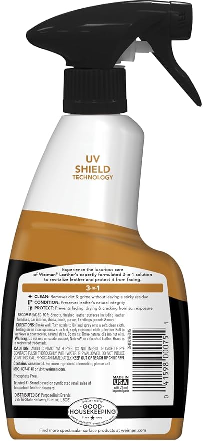 Weiman Leather Cleaner & Conditioner - Cleans, Restores & Protects Leather, UV Protection Prevent Cracking & Fading, Auto, Sofas, Shoes, Bags & All Finished Leather Surfaces, 1 Pack, 12 Fl Oz