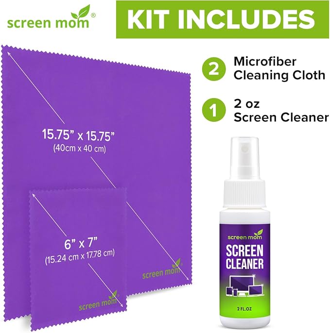 Screen Mom Screen Cleaner Spray 2oz Bottle for TV, Car, Laptop & Computer | Streak-Free Formula, Glass & OLED Safe, Alcohol and Ammonia Free Formula, Includes 2 Microfiber Cloths, Travel-Friendly Size