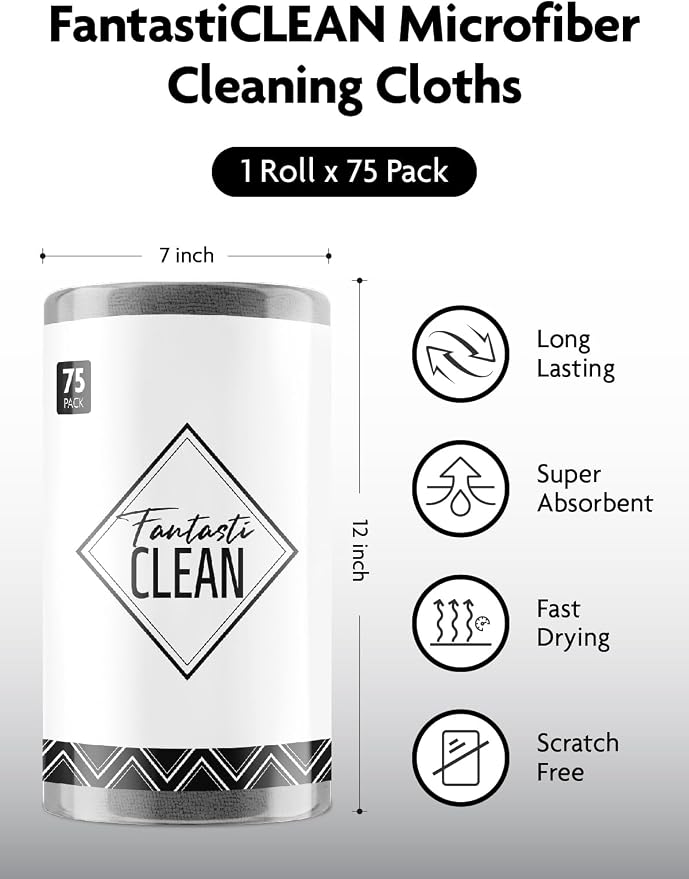 Fantasticlean Microfiber Cleaning Cloth Roll- 75 Sheets, 12" x 12"(Dimgrey) | Super Absorbent, Lint-free, Tear-away Microfiber Towel Roll, for All-Purpose Cleaning, Reusable Alternative to Paper Towels