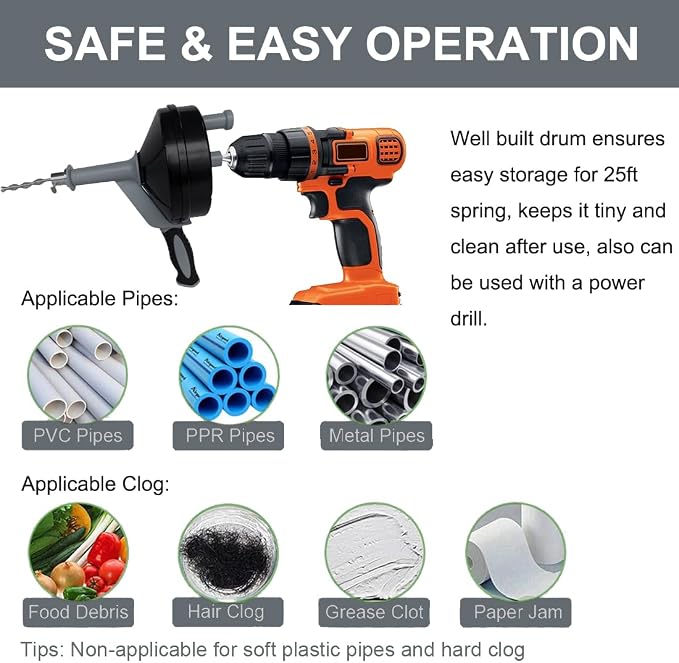 Drain Auger, Clog Remover with Drill Adapter, 25 Feet Flexible Plumbing Snake Use Manually or Powered for Kitchen,Bathrom and Shower Sink, Comes with Gloves(Gray)