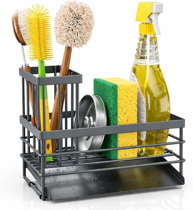 Cisily Sink Caddy Sponge Holder for Kitchen with Brush Holder and Stainless Steel Self Drain Tray, Rustproof Kitchen Sink Organizer for Sponge, Soap Dispenser Storage Accessories