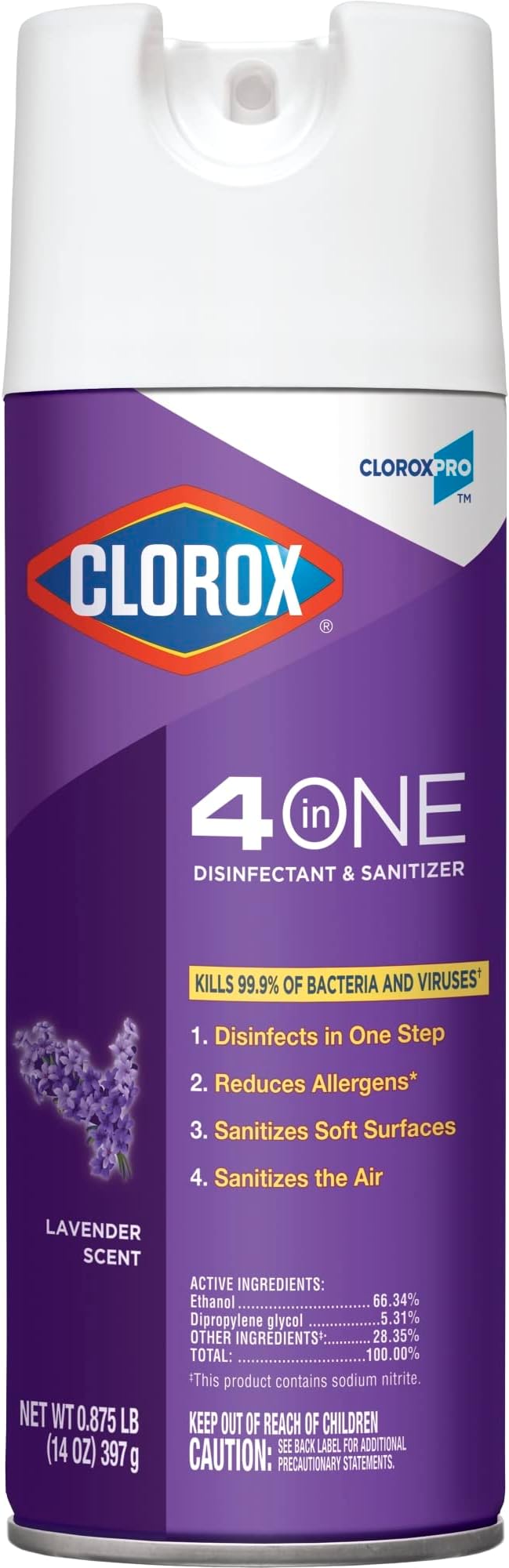 Clorox 4 In One Disinfectant And Sanitizer, Lavender, 14 Oz Aerosol Spray