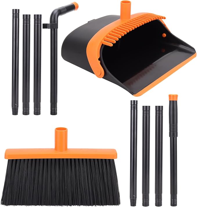 Broom and Dustpan Set - 56" Long Adjustable Handle Broom with Upright Standing Dustpan Combo for Home,Kitchen, Shopping Mall and Factory Indoor&Outdoor Sweeping