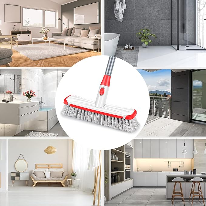 Floor Scrub Brush with Long Handle, Scrubbing Brush Squeegee Broom for Cleaning, 2 in1 Stiff Bristle Shower Scrubber Floor Squeegee for Pool Wall Tile(White)
