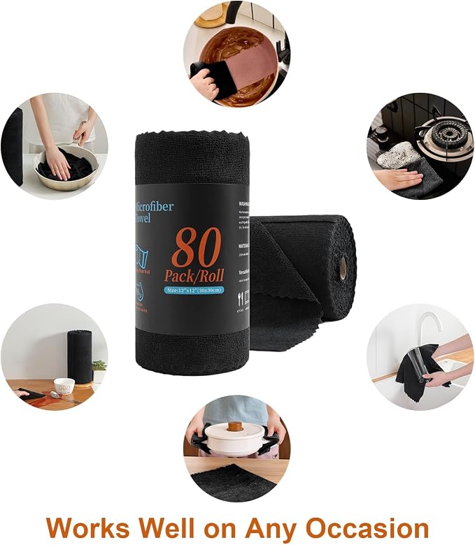 80 Pack Microfiber Cleaning Cloth Roll,Lint Free Rags & Tear Away Reusable Towels Washable Scratch,Ultra Absorbent Dish Rags(12" x 12") for Car Kitchen Home Garage-Black