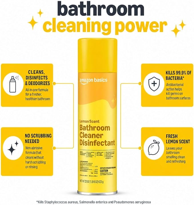 Amazon Basics Bathroom Cleaner Disinfectant, Foaming Action, Lemon Scent, Kills 99.9% Of Bacteria, 22 OZ, Pack of 1