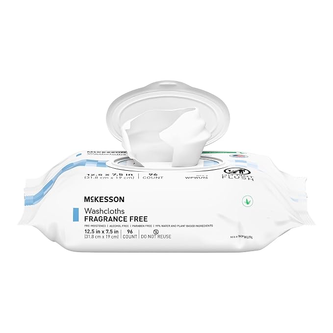 McKesson Washcloth Wipes, Unscented - Disposable Wet Wipes for Adults - Fragrance-Free, Alcohol-Free - No-Rinse Formula - Snap Lid Soft Pack, 96 Count, 6 Packs, 576 Total