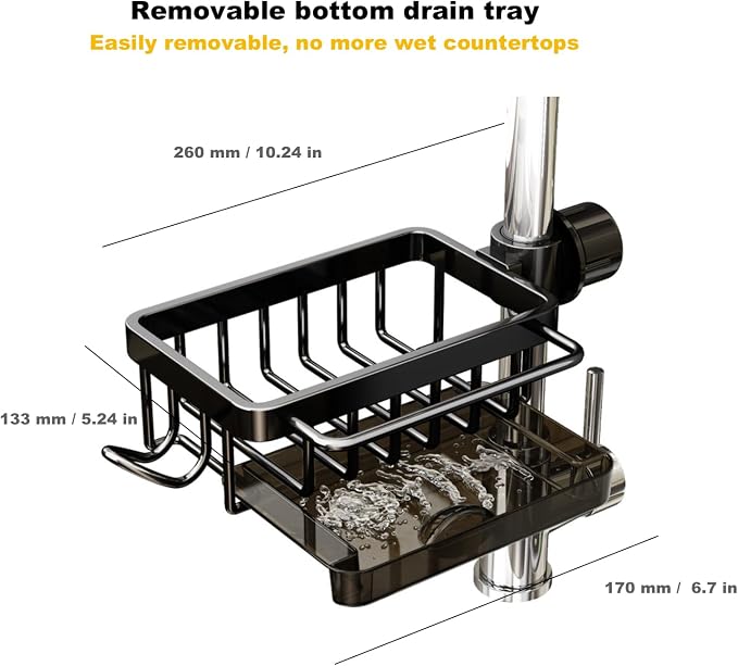 Sink Organizer Rack for Kitchen and Bathroom, 2025 New Stainless Steel Detachable Hanging Faucet Drain Rack with Drip Tray Faucet Sponge Holder for Bathroom, Scrubbers, Soap (Black, Left)