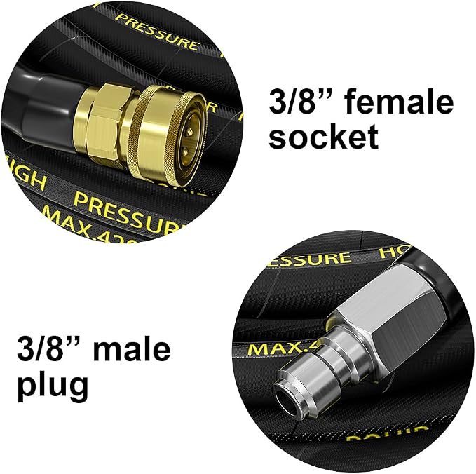 Pressure Washer Hose 25ft with 3/8'' QC, 4200PSI Power Washing Hose | 2pcs Quick Connect with M22 14mm Adapters, Steel Wire Braided 1/4’’ ID Hose, No-Kink&No-Bursting Powerful Cleaning Car Wash