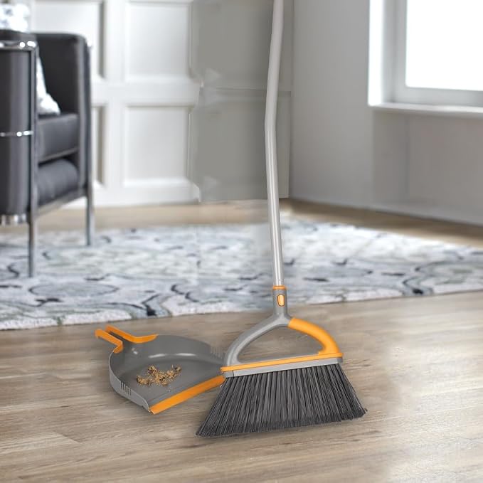 Casabella Ergo Broom & Dustpan Set Angled Broom with Replaceable Bristle Head & Hang Loop, 54-Inch, Gray