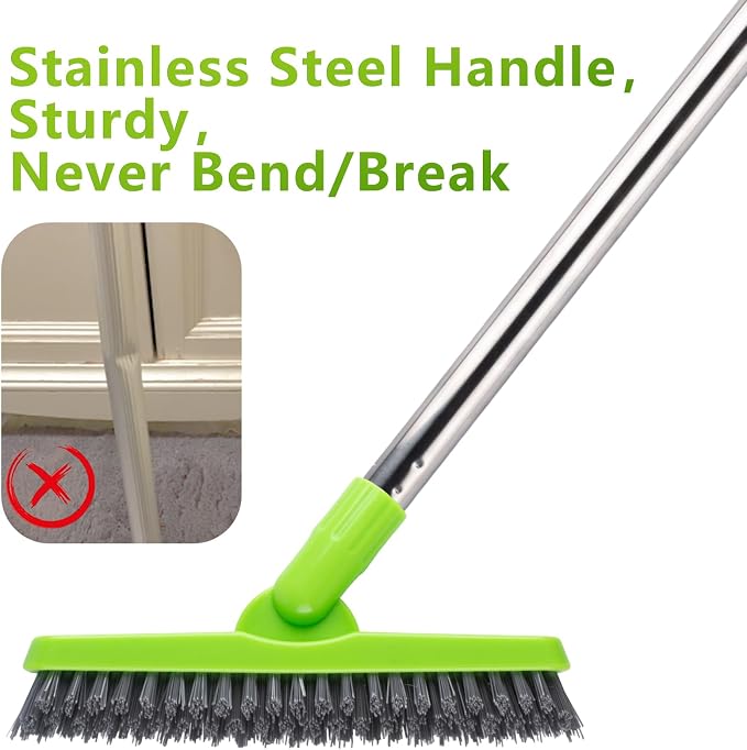2 Pack Grout Brush with Long Handle, Swivel Cleaning Grout Line Scrubber - Durable Handle Grout Cleaner Brush for Bathroom,Tile,Baseboard,Walk in Shower,Corner & Narrow Space (Green)