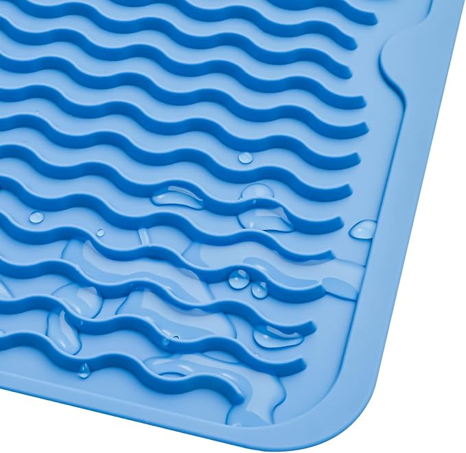 MicoYang Silicone Dish Drying Mat — Quick-Dry Ridges Counter & Sink Pad, Heat-Resistant Trivet to 450°F, Non-Slip & Dishwasher Safe, Roll-Up Storage, 18 Colors & 9 Sizes (Lichen Blue, 16"×12")