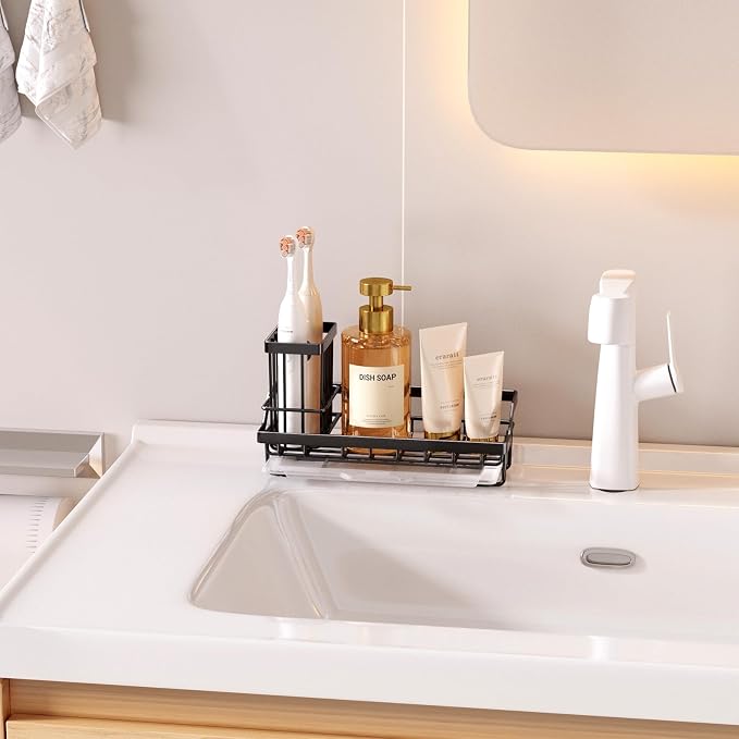Consumest Sponge Holder for Kitchen Sink - Kitchen Sink Caddy Organizer with Removable Drip Tray for Countertop Dish Soap Dispenser Brush Storage Accessories 304 Stainless Steel - Black