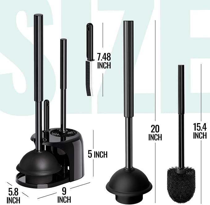 3in1 Toilet Brush and Plunger Set, 2 Pack with Crevice Brushes | Bright Black Bathroom Essentials for Apartment, Cleaning Supplies, Home Essentials, bathroom decor, apartment essentials pair