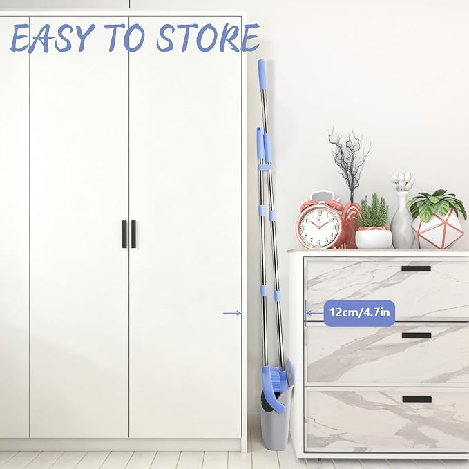 Broom and Dustpan Combo Set, Long Handle and Standing Dust Pan with Comb Teeth, Efficient Floor Cleaning for Kitchen, Outdoor, Dorm, Apartment, Office Lobby (Gray Blue)